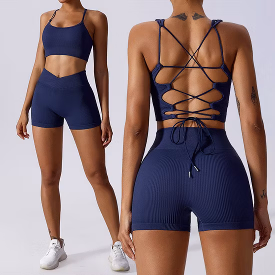 Оптовая продажа OEM/ODM женские леггинсы из 2 предметов + бюстгальтер одежда комплект для йоги на ребрах тренажерный зал тренировки фитнес активные спортивные комплекты