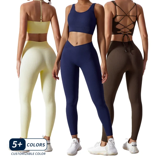 Оптовая продажа OEM/ODM женские леггинсы из 2 предметов + бюстгальтер одежда комплект для йоги на ребрах тренажерный зал тренировки фитнес активные спортивные комплекты